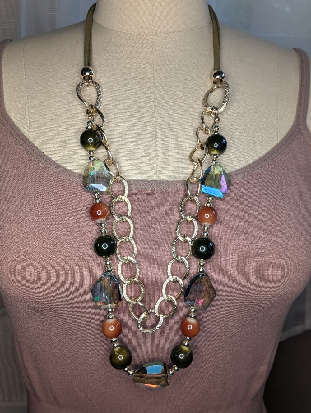 Boho Multi Strand Iridescent Crystal Bead Layered Necklace Olive Gold Suede